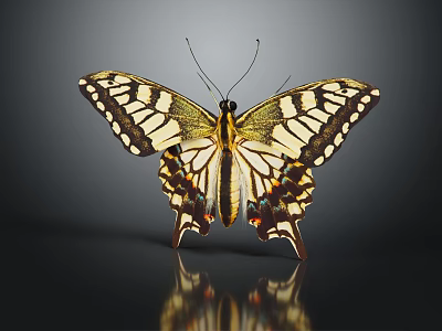 Vibrant Yellow Black Butterfly with Intricate Wing Patterns on Dark Background and Reflection 3d model