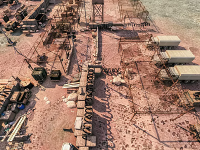 Desert Military Base With Barbed Wire Fences Trucks Containers And Defensive Fortifications 3d model