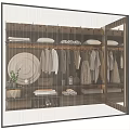 Modern Wardrobe Interior With Hanging Clothes Folded Garments Wooden Shelves And Decorative Plate