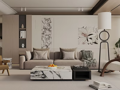 Modern Living Room Interior With Sofa Pillows Marble Coffee Table Decorative Paintings And Floor Lamp 3d model