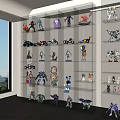 Modern Glass Display Cabinet With Multiple Layers Showcasing Collectibles And Action Figures