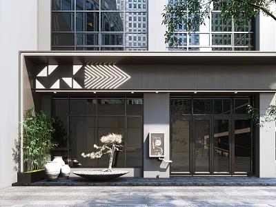 Modern Storefront Design With Geometric Patterns Glass Doors Green Plants And Decorative Sculpture 3d model