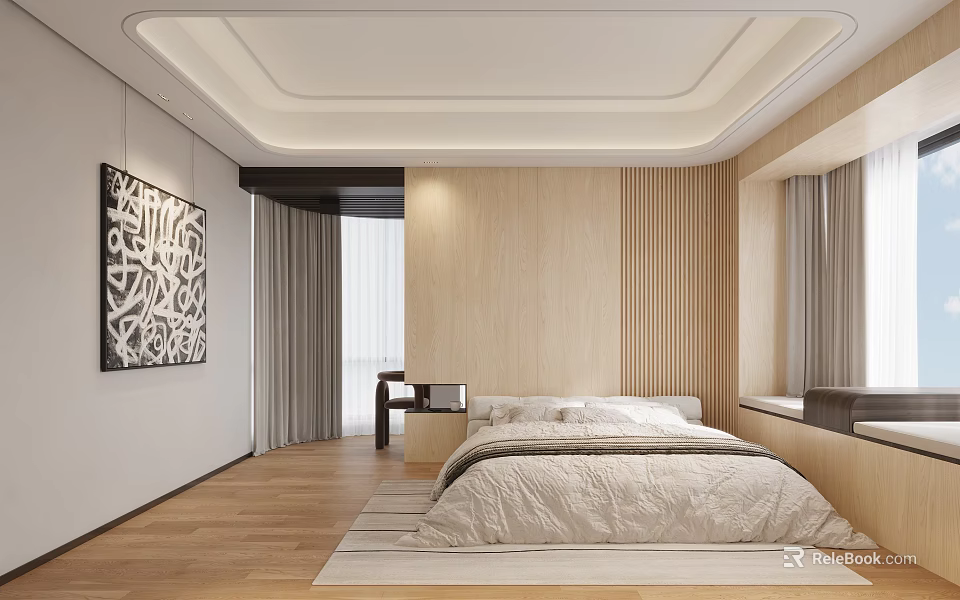 Modern Bedroom Interior Design With Wooden Walls Bed Rug Window Curtains And Decorative Painting 3d model 