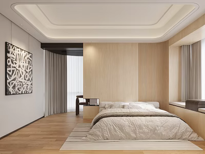 Modern Bedroom Interior Design With Wooden Walls Bed Rug Window Curtains And Decorative Painting 3d model