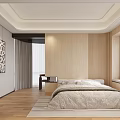Modern Bedroom Interior Design With Wooden Walls Bed Rug Window Curtains And Decorative Painting