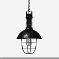 Industrial Style Black Metal Pendant Light With Cage Shade And Illuminated Bulb On Gray Wall