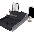 Cozy Bedroom Interior With Gray Bedding Pillows Nightstand Mirror And Wooden Floor