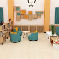 Service Hall Interior With Blue Sofas Tables Chairs Potted Plants And TV 3d model