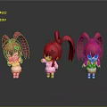 Anime Game Character With Red Hair Twin Ponytails Pink Outfit And Multiple Poses