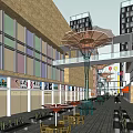 Vibrant Commercial Street With Modern Buildings Overhead Bridge Shaded Umbrellas And Outdoor Seating