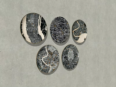 Elegant Plate Decoration With Five Oval Plates Featuring Black White Abstract Patterns On Grey Background 3d model