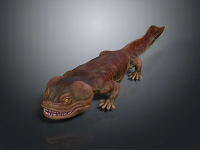 Realistic 3D Model Of Red Brown Salamander Like Creature With Sharp Teeth And Prominent Eyes 3d model