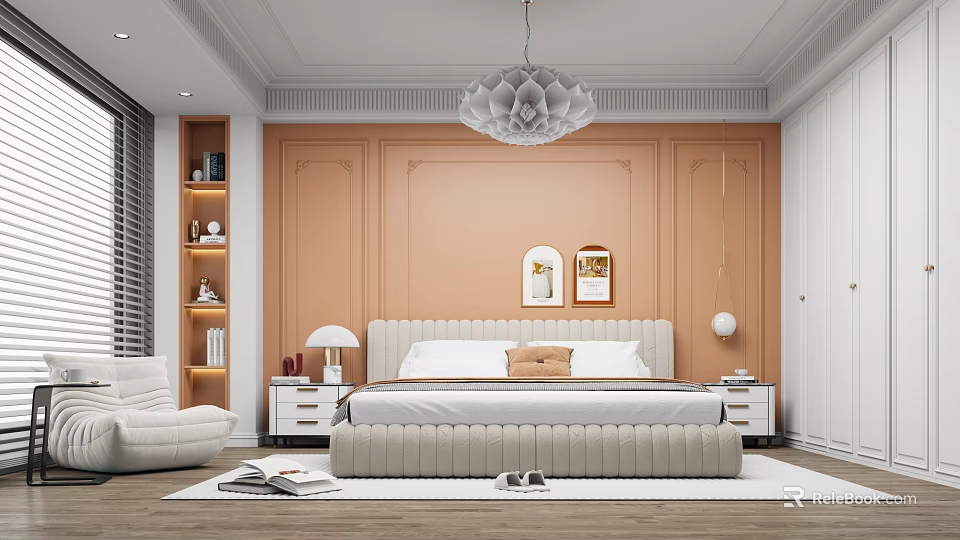 Warm Peach Bedroom Interior With Upholstered Bedhead Chandelier Nightstands And Decorative Artworks 3d model 