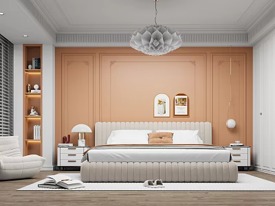 Warm Peach Bedroom Interior With Upholstered Bedhead Chandelier Nightstands And Decorative Artworks 3d model
