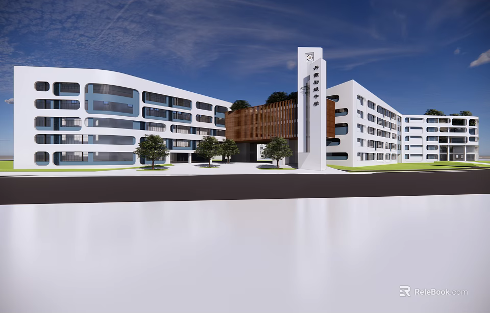 Modern School Building With White Exterior Tower Structure And Large Windows 3d model