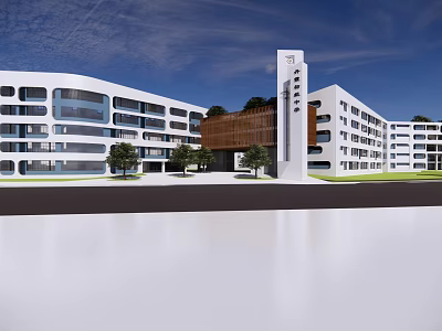 Modern School Building With White Exterior Tower Structure And Large Windows 3d model