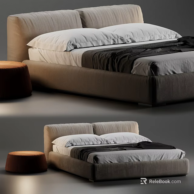 Modern Stylish Double Bed with Beige Frame White Pillows Black Blanket and Round Stool 3d model 