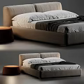 Modern Stylish Double Bed with Beige Frame White Pillows Black Blanket and Round Stool
