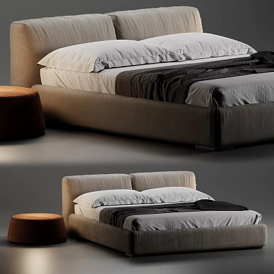 Modern Stylish Double Bed with Beige Frame White Pillows Black Blanket and Round Stool 3d model
