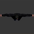 Man With Arms Outstretched In Black Jacket Blue Shirt Black Pants Blue Shoes Gray Background