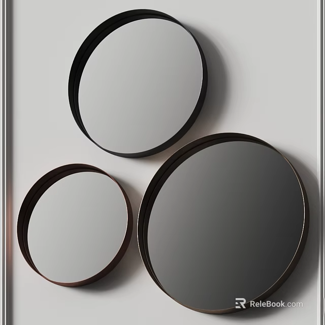 Three Round Mirrors With Black And Brown Frames On White Wall Modern Decor 3d model