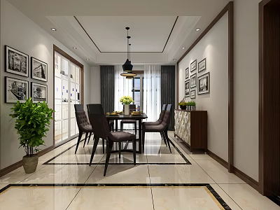 Elegant Dining Room With Wooden Table Chairs Pendant Light Framed Artworks Green Plant And Cabinet 3d model