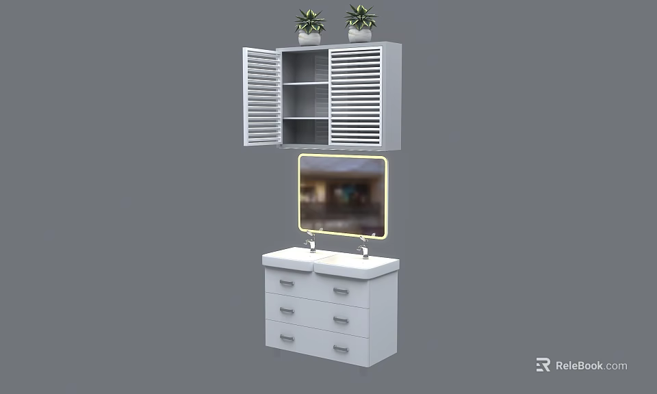 White Louvered Door Wardrobe with Open Shelves and Potted Plants on Top Design 3d model 