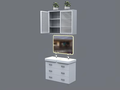 White Louvered Door Wardrobe with Open Shelves and Potted Plants on Top Design 3d model