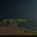 Scenic Lakeside View With Wooden Boardwalk People Walking Green Island Blue Sky Flying Birds