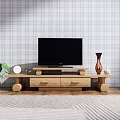 Wooden TV Stand Featuring TV on Top Potted Plant Vase and Plaid Wall