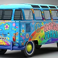 Colorful Volkswagen Bus Featuring Flower Power Peace Symbols Floral Patterns and Rainbow Design