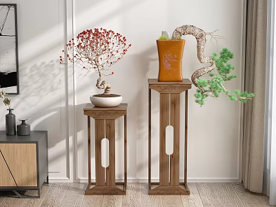 Wooden Plant Stands With Unique Design Displaying Potted Red Flowers Green Pine And Ceramic Vase 3d model