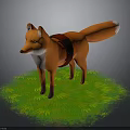 Orange Fox Wearing Black Harness Standing On Lush Green Grass
