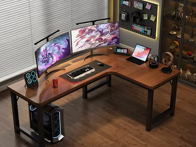Gaming Desk Setup With Dual Monitors Keyboard Mouse Headphones And PC Tower 3d model