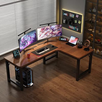 Gaming Desk Setup With Dual Monitors Keyboard Mouse Headphones And PC Tower 3d model