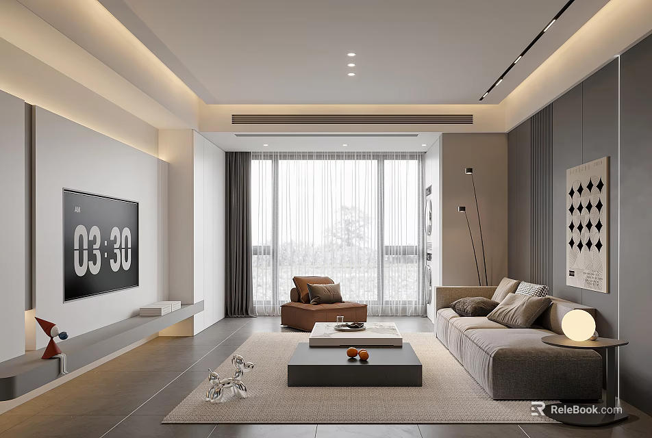 Modern Living Room Interior Design With Gray Sofa Floor to Ceiling Windows and Wall Art 3d model 