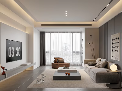 Modern Living Room Interior Design With Gray Sofa Floor to Ceiling Windows and Wall Art 3d model