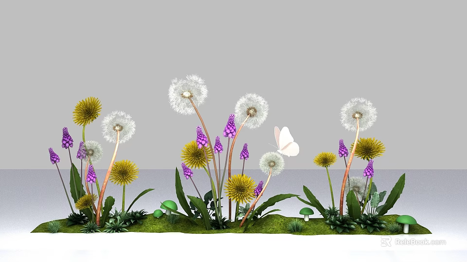 Beautiful Garden Flowers Dandelion Yellow Flowers And Purple Flowers With Green Grass And White Butterfly 3d model 