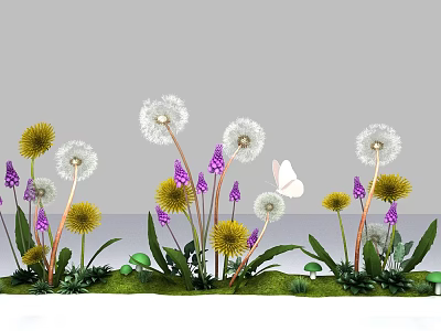 Beautiful Garden Flowers Dandelion Yellow Flowers And Purple Flowers With Green Grass And White Butterfly 3d model