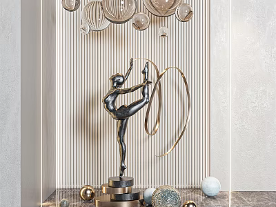 Modern Ballerina Sculpture with Metallic Carving and Ornamental Balls on Striped Wall Background 3d model