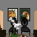 Traditional Sofa and Coffee Table Set with Floor Lamps Horse Paintings and Patterned Rug