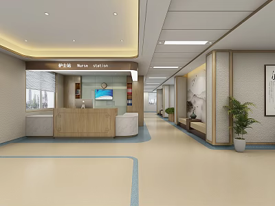 Bright Hospital Outpatient Clinic Lobby With Reception Desk Waiting Area And Green Plants 3d model