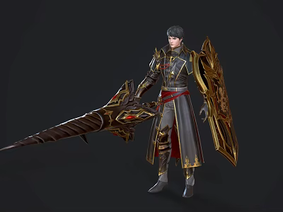 A Man In Ornate Armored Outfit Holding Large Sword And Decorative Shield 3d model