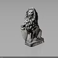 Detailed Lion Statue With Curly Mane Holding Shield On Stone Pedestal