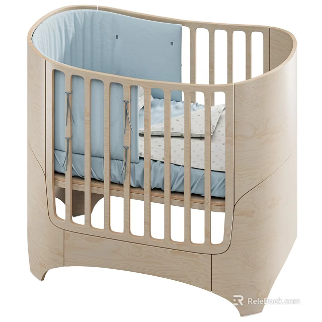 Modern Wooden Baby Crib With Curved Frame Vertical Rails And Blue Dotted Sheets 3d model 