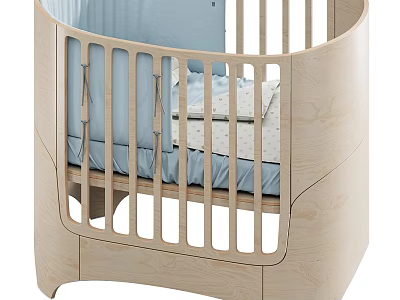 Modern Wooden Baby Crib With Curved Frame Vertical Rails And Blue Dotted Sheets 3d model