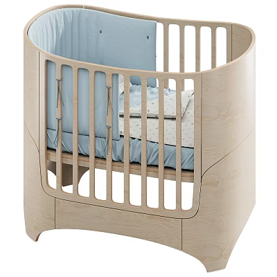 Modern Wooden Baby Crib With Curved Frame Vertical Rails And Blue Dotted Sheets 3d model