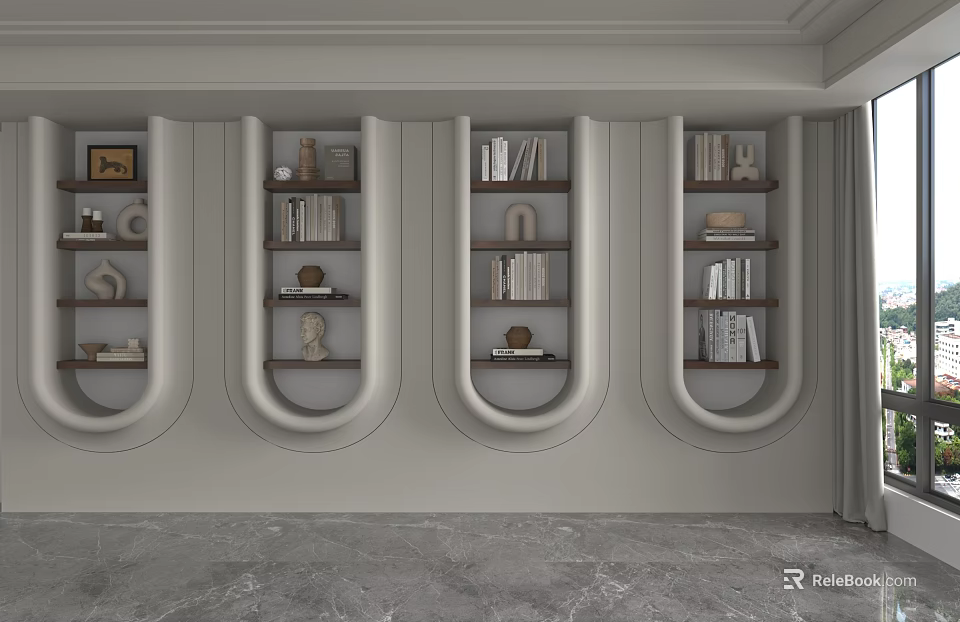 Modern Interior Wall With Curved Shelving Units Holding Books And Decorative Sculptures 3d model 