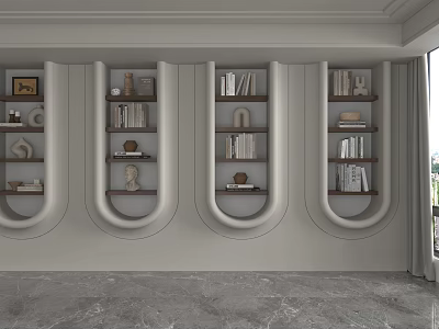 Modern Interior Wall With Curved Shelving Units Holding Books And Decorative Sculptures 3d model