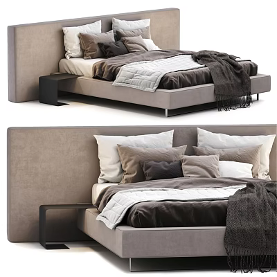 Modern Double Bed with Gray Headboard Multiple Pillows Dark Blanket and Black Nightstand 3d model